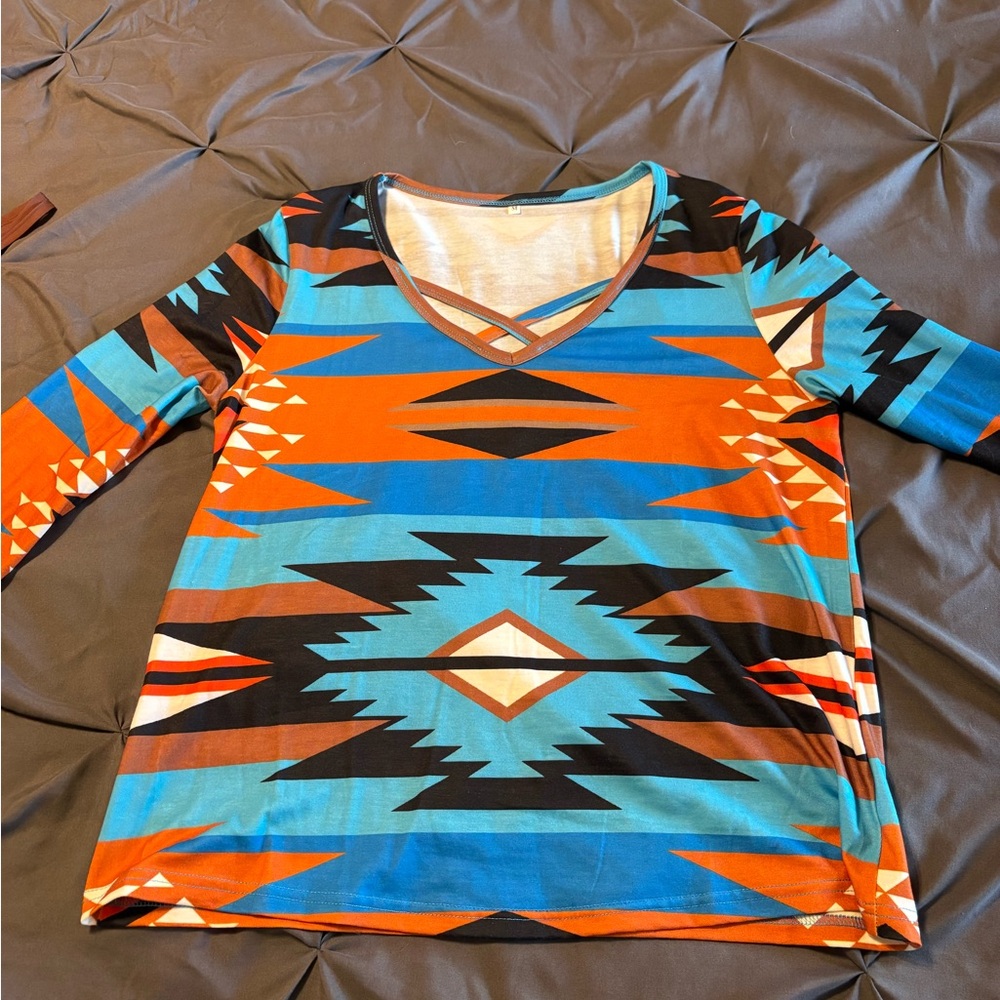 Southwestern Aztec V-Neck Top in Turquoise & Orange